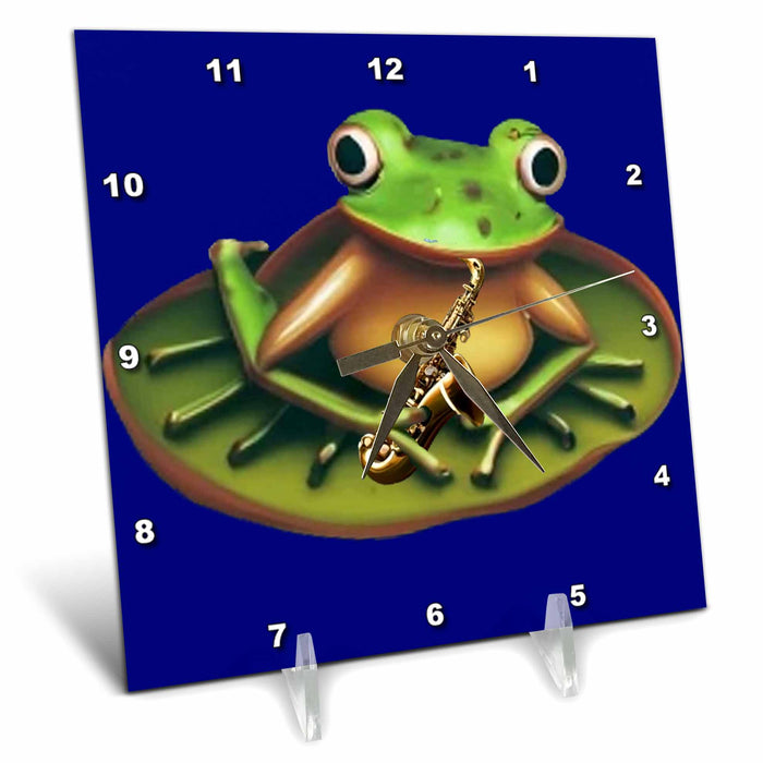 Desk Clock - Cute funny Frog on Lily Pad Playing Saxophone Music Satire Music and Animals