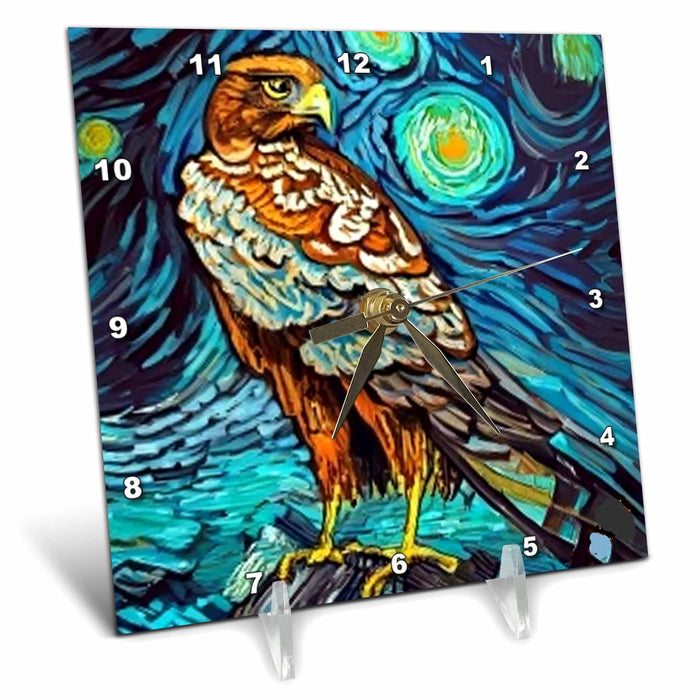 Desk Clock - Cool Colorful Golden Eagle Bird in Van Gogh Starry Night Style Birds