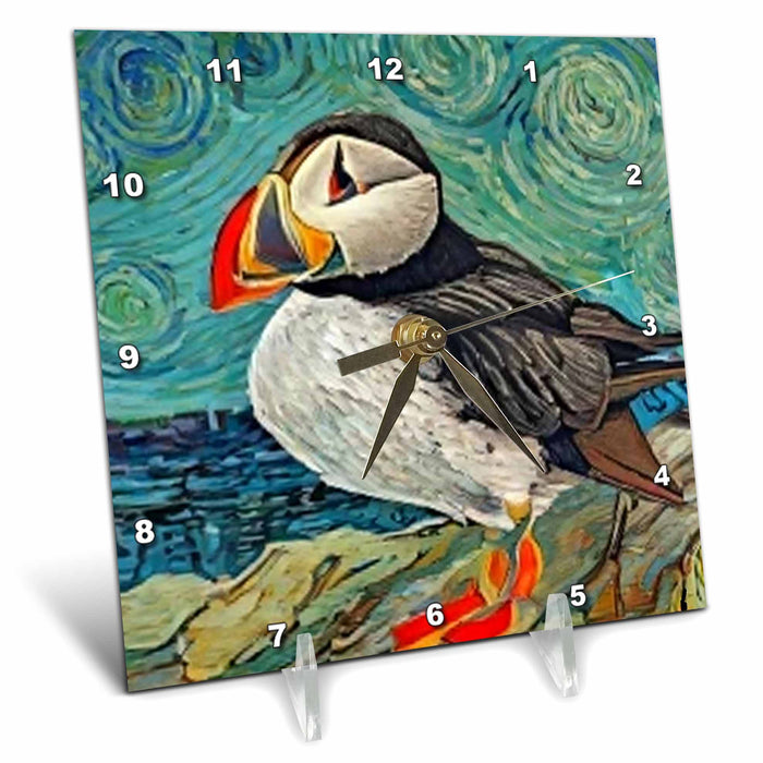 Desk Clock - Cool Colorful Puffin Bird on Rocks in Van Gogh Starry Night Style Birds