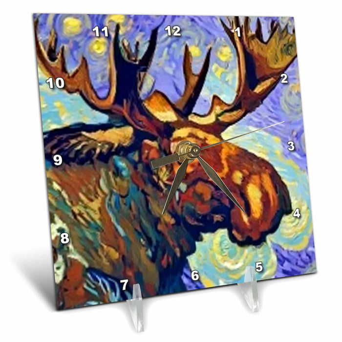 Desk Clock - Cool Colorful Moose Head in Van Gogh Starry Night Style Nature Art Animals