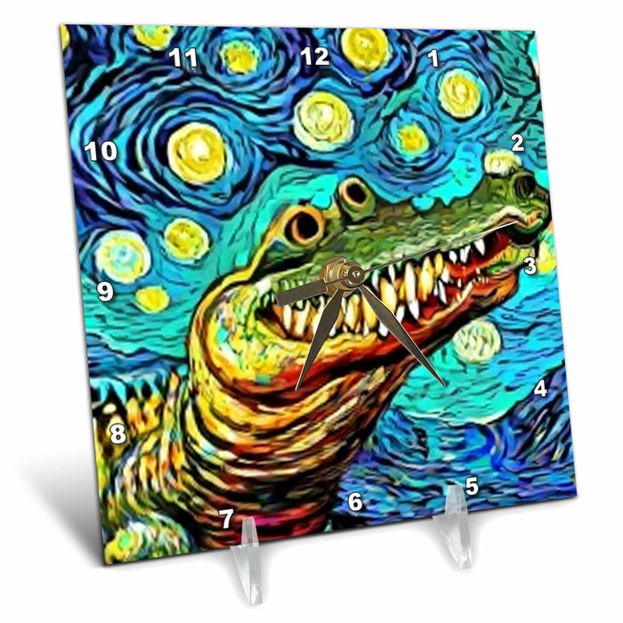 Desk Clock - Cool Colorful Alligator Head in Van Gogh Starry Night Style Nature Art Animals