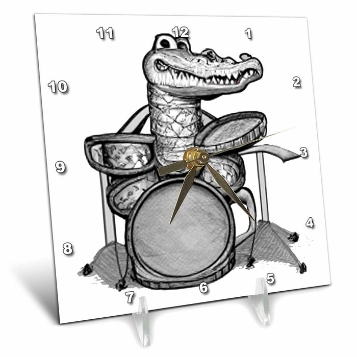 Desk Clock - Cute funny Alligator Playing the Drums Music Cartoon Music and Animals