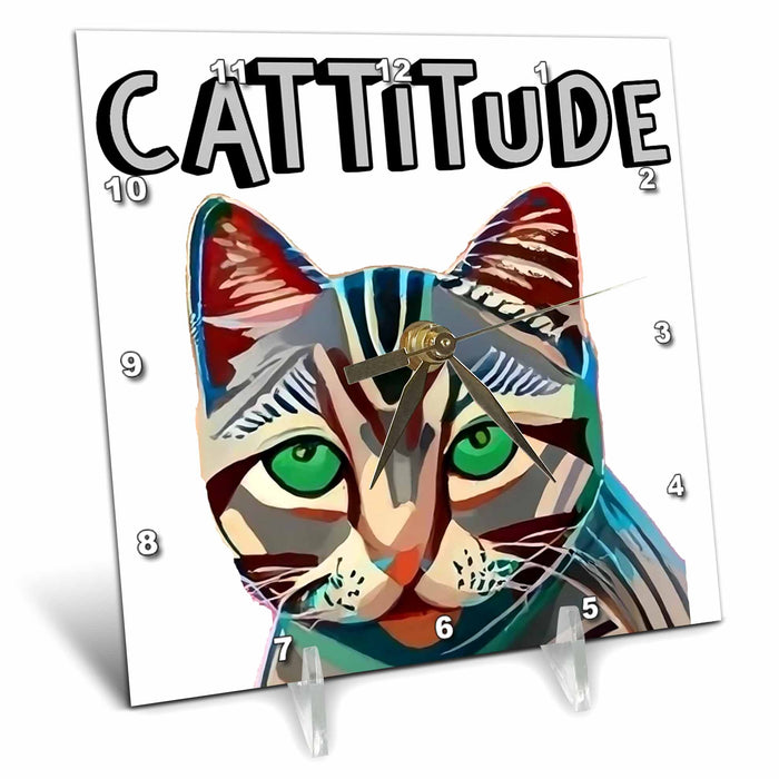 Desk Clock - Cute funny Grey Tabby Cat with Attitude Cattitude Pun Pets