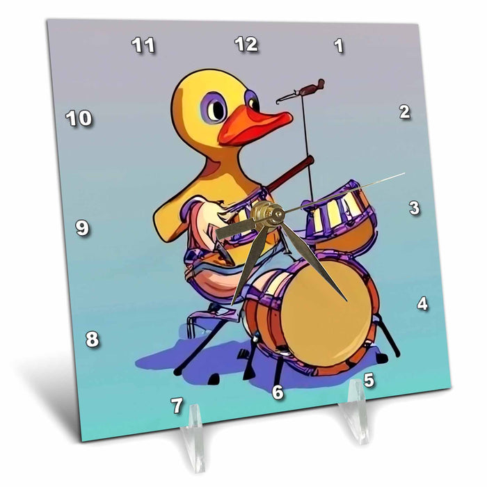 Desk Clock - Cute funny Cool Yellow Duck Playing the Drums Music Cartoon Birds