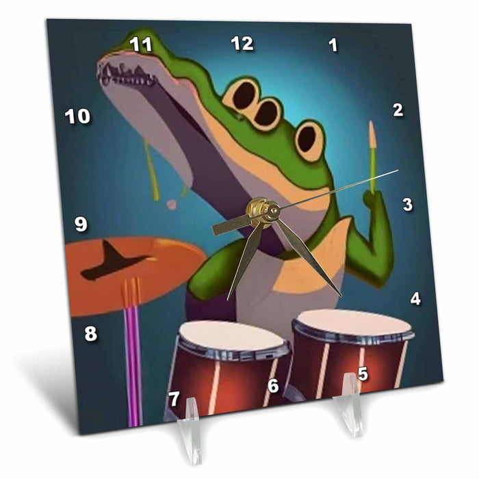 Desk Clock - Cute funny Colorful Alligator Playing the Drums Music Cubism Style Music and Animals