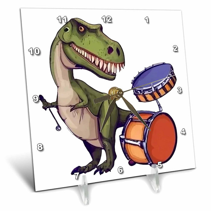 Desk Clock - Cute funny Colorful T-rex Dinosaur Playing the Drums Music Cubism Dinosaurs