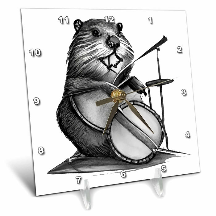 Desk Clock - Cute funny Beaver Drummer Playing the Drums Music Cartoon Music and Animals