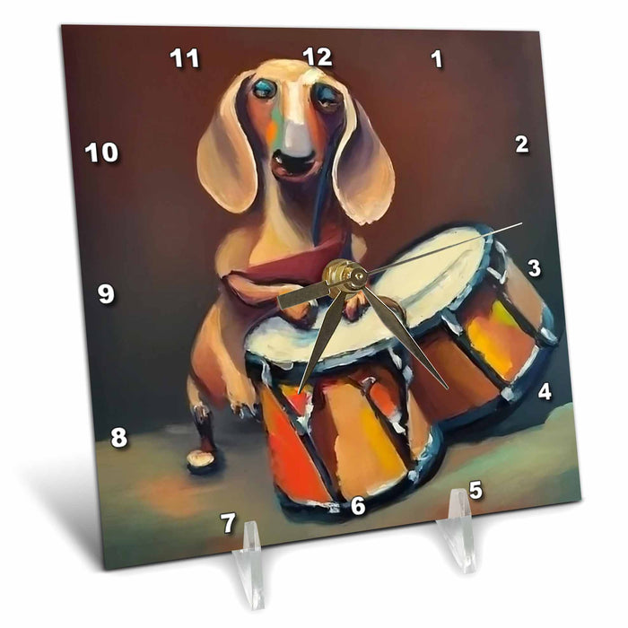 Desk Clock - Cool Cute Funny Dachshund Puppy Dog Playing Drums Music Cubism Pets