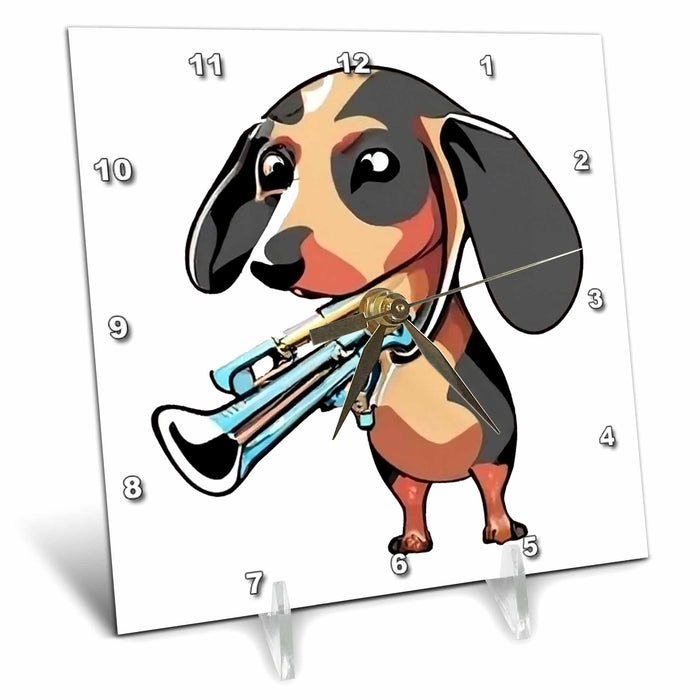 Desk Clock - Cool Cute Funny Dachshund Puppy Dog Playing Trumpet Music Cubism Pets