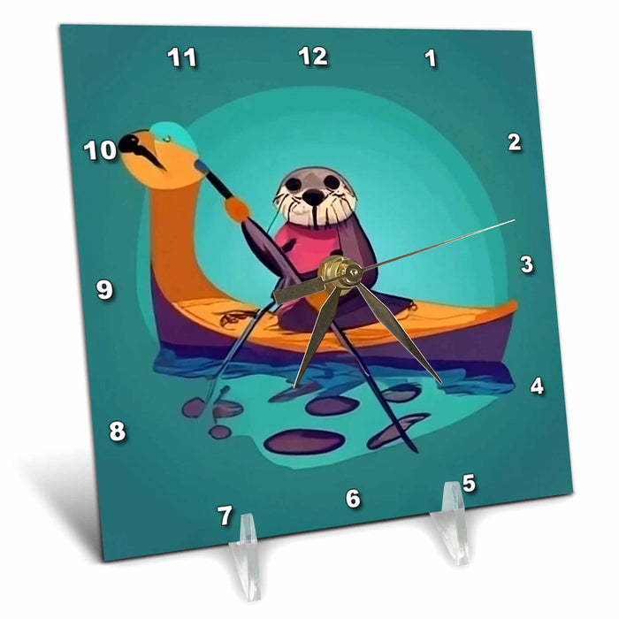 Desk Clock - Cute Funny Sea Otter Kayaking Kayak Nature Cubism Style Sports and Hobbies