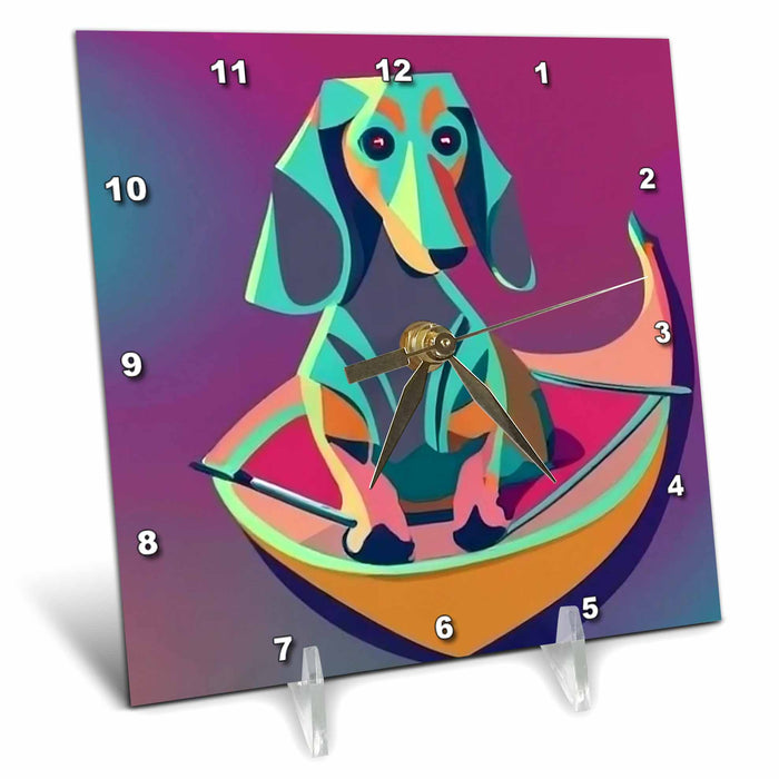 Desk Clock - Cute Funny Dachshund Puppy Dog Kayaking Kayak Nature Cubism Style Pets