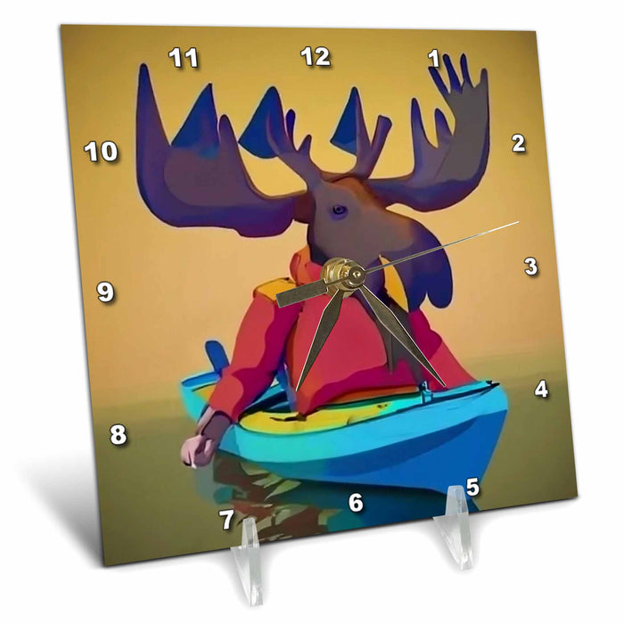 Desk Clock - Cute Funny Moose Kayaking Kayak Nature Cubism Style Sports and Hobbies