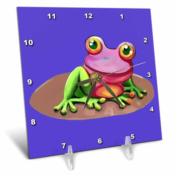 Desk Clock - Cute funny Colorful Frog On Lily Pad Cubism Style Nature Art Animals