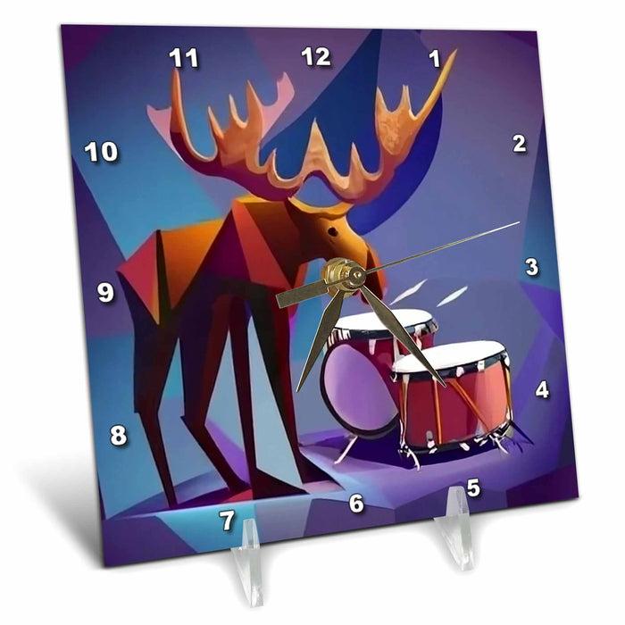 Desk Clock - Cute funny Moose Playing the Drums Music in Cubism Style Music and Animals