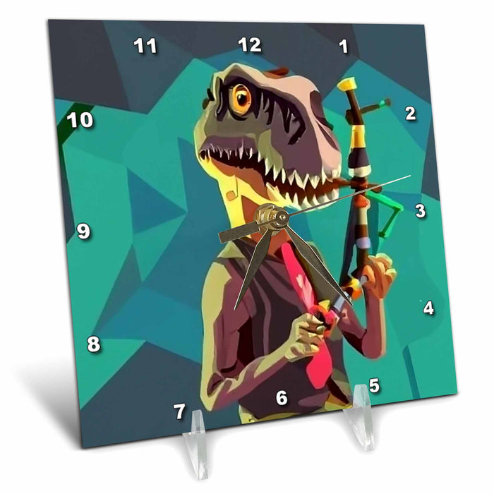 Desk Clock - Cool Cute Funny T-rex Dinosaur Playing the Bagpipes Music Cubism Dinosaurs