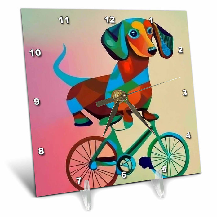 Desk Clock - Cute Funny Dachshund Puppy Dog Riding Bicycle Cubism Style Art Pets