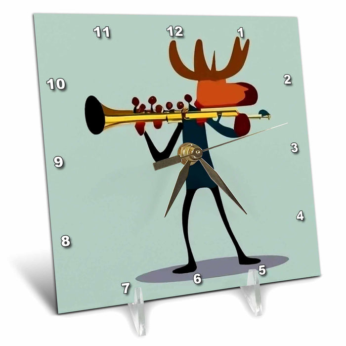 Desk Clock - Cool Cute Funny Moose Playing Trumpet Music Cubism Style Music and Animals