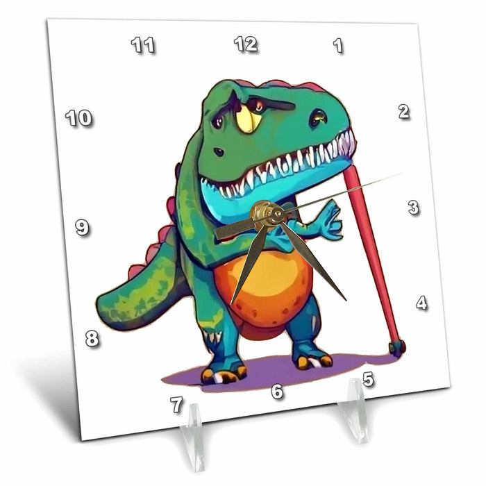 Desk Clock - Cute Funny T-rex Dinosaur Playing Baseball Sports Cartoon Dinosaurs