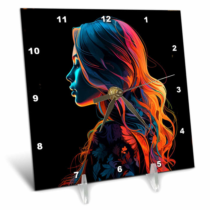 Desk Clock - Beautiful Woman in pink, orange, and blue florals AI Generated Art