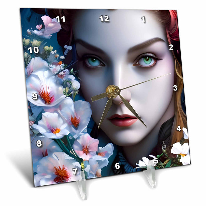 Desk Clock - Beautiful Woman in pink flowers AI Generated Art