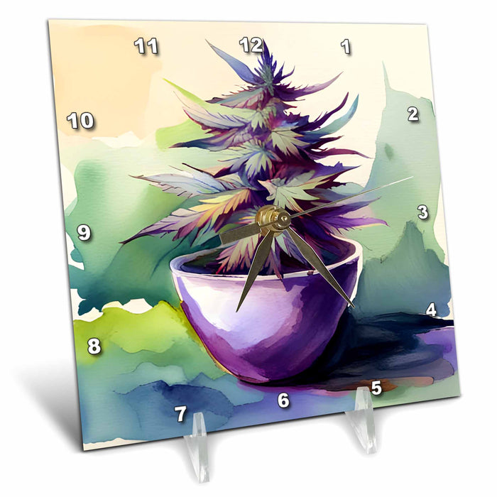 Desk Clock - Watercolor Cannabis plant Cannabis