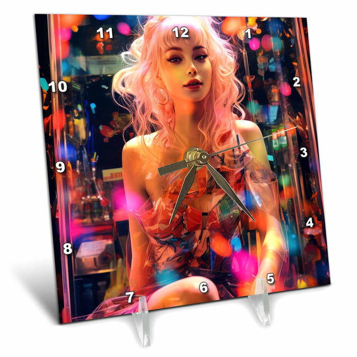 Desk Clock - Woman With Pink Hair AI Generated Art