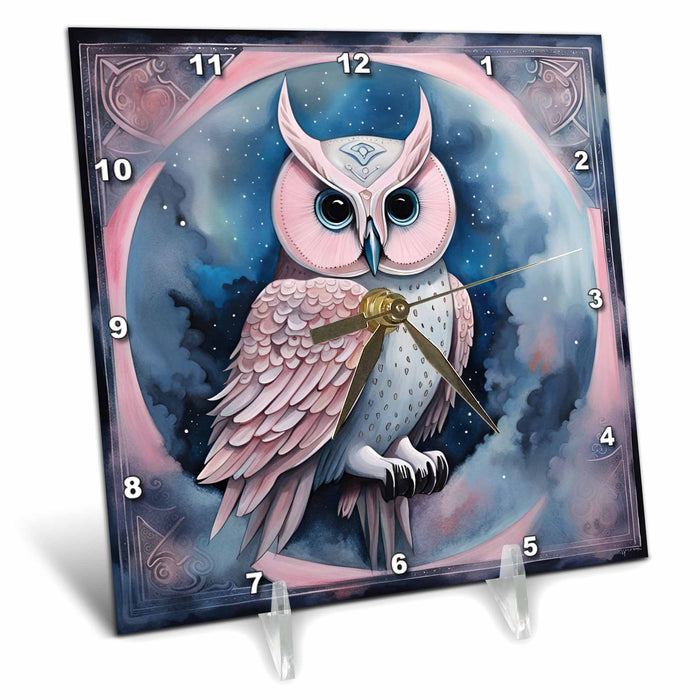 Desk Clock - Pink Owl Watercolor Birds