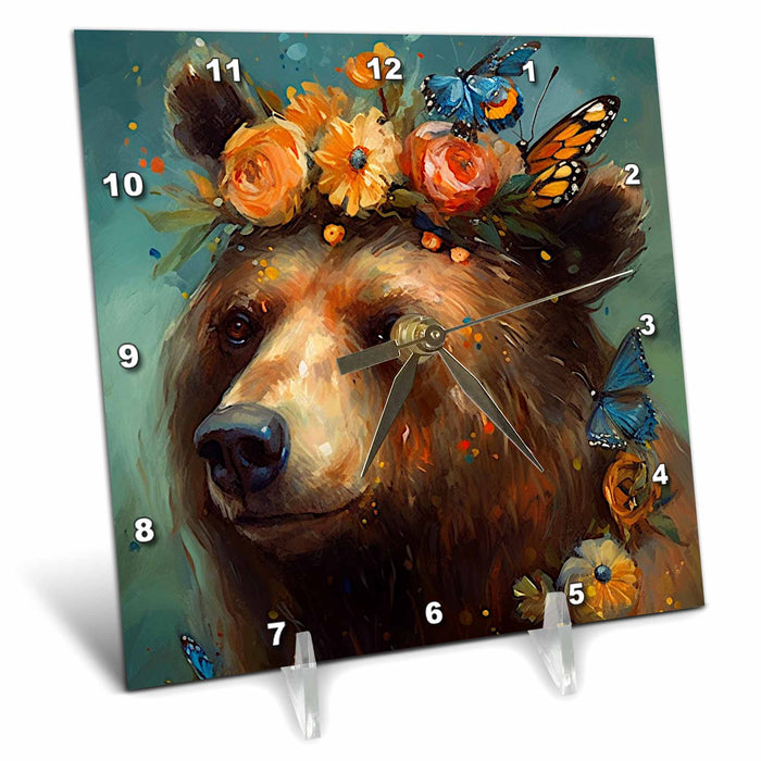 Desk Clock - Bear With a Floral Crown AI Generated Art