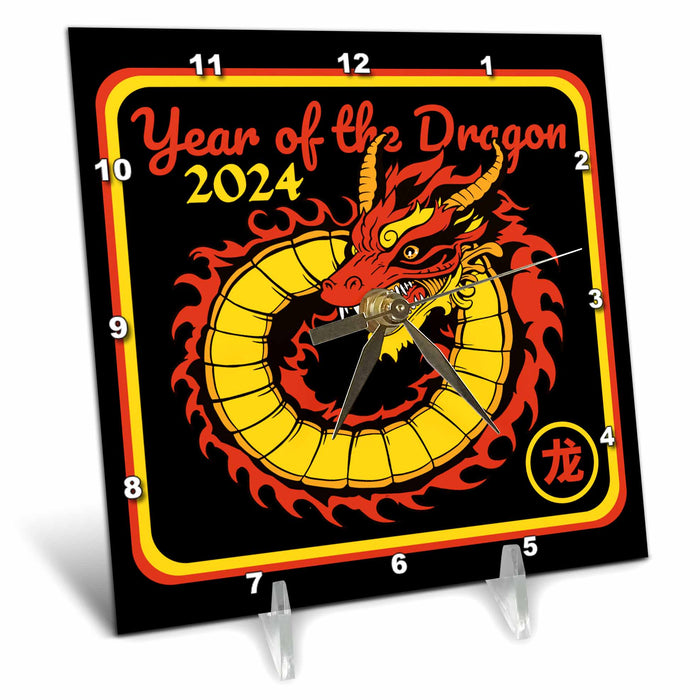 Desk Clock - Year of the Dragon 2024 Black, Red, Yellow Digital Art