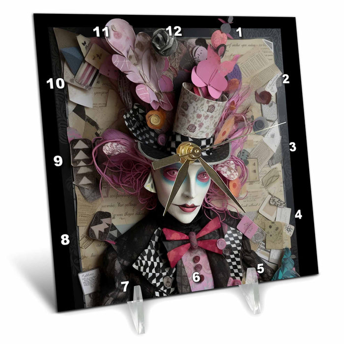 Desk Clock - A Mad Hatter in Pink and Black AI Generated Art