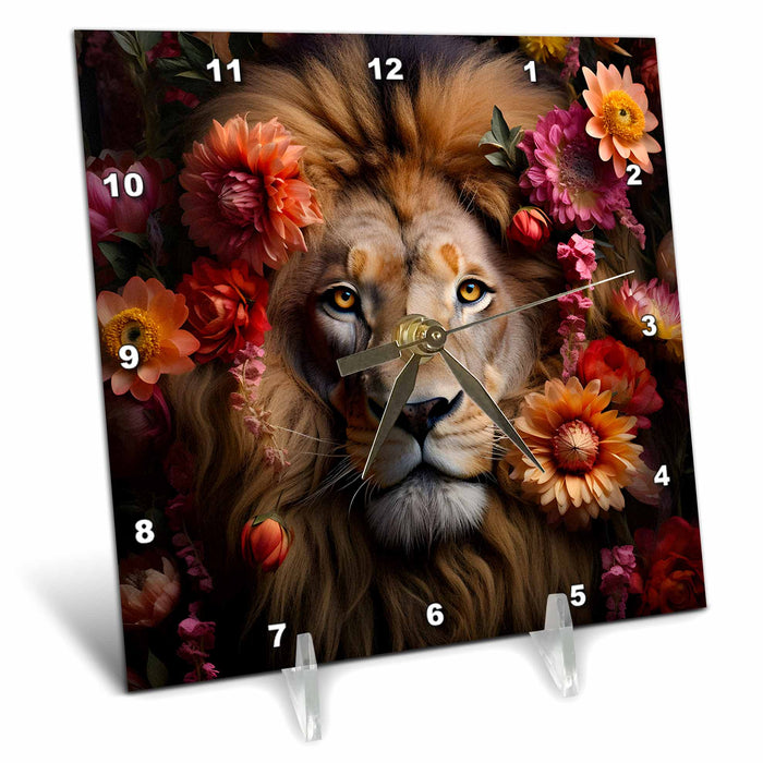 Desk Clock - Majestic lion portrait with floral arrangement CR Media - Illustrations