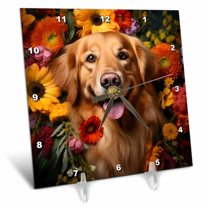 Desk Clock - Golden Retriever with floral background CR Media - Illustrations