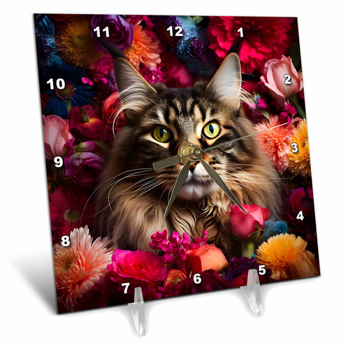 Desk Clock - Maine Coon cat with floral background CR Media - Illustrations