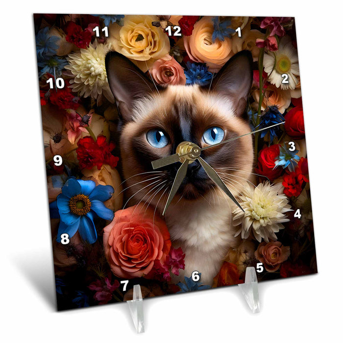 Desk Clock - Siamese cat with floral background CR Media - Illustrations