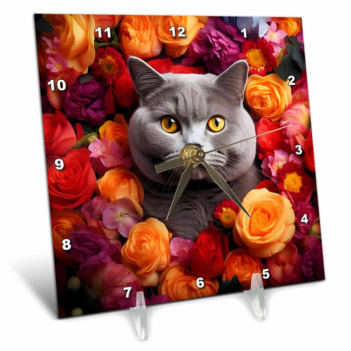 Desk Clock - British Shorthair cat with floral background CR Media - Illustrations