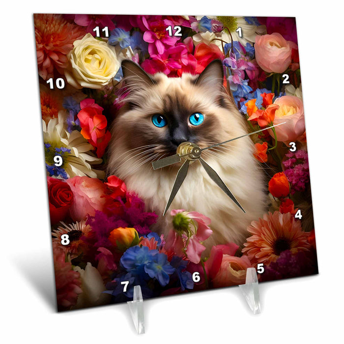 Desk Clock - Ragdoll cat with floral background CR Media - Illustrations