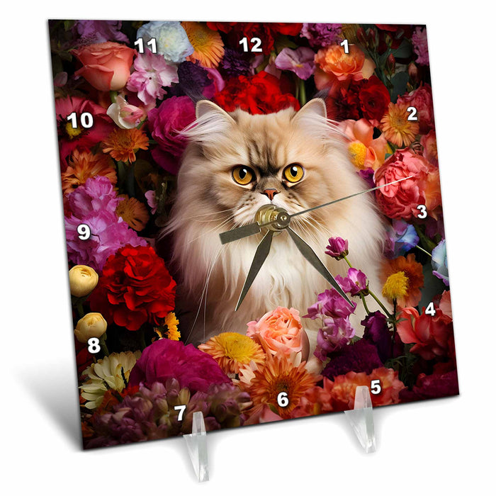 Desk Clock - Persian cat with floral background CR Media - Illustrations