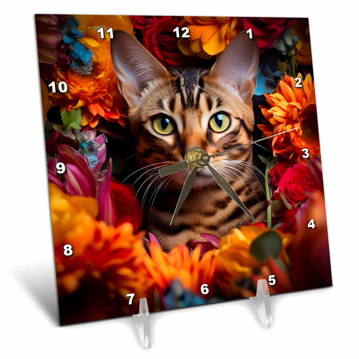 Desk Clock - Bengal cat with floral background CR Media - Illustrations