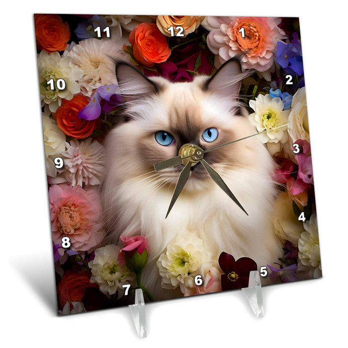 Desk Clock - Birman cat with floral background CR Media - Illustrations