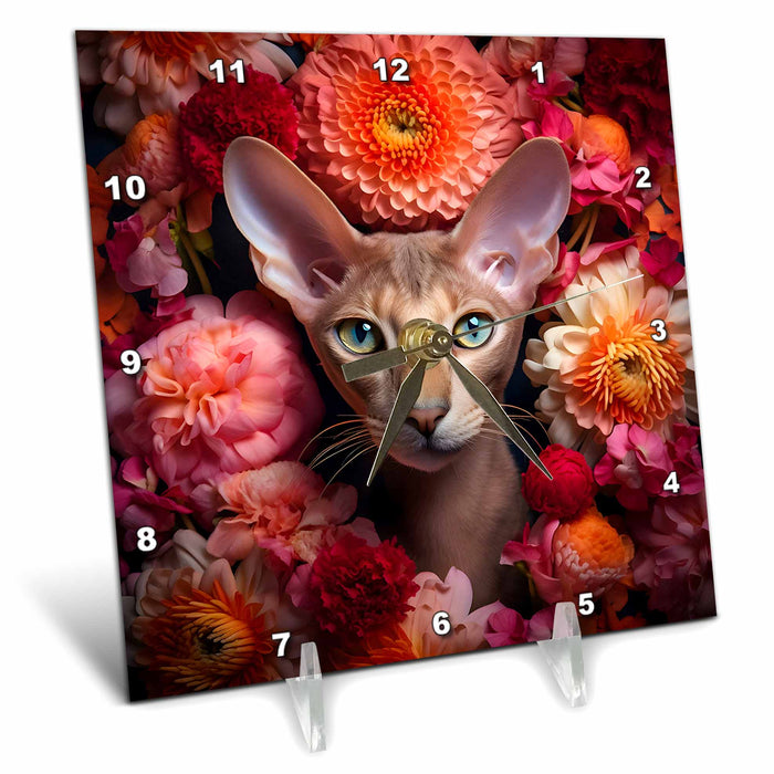 Desk Clock - Oriental Shorthair cat with floral background CR Media - Illustrations