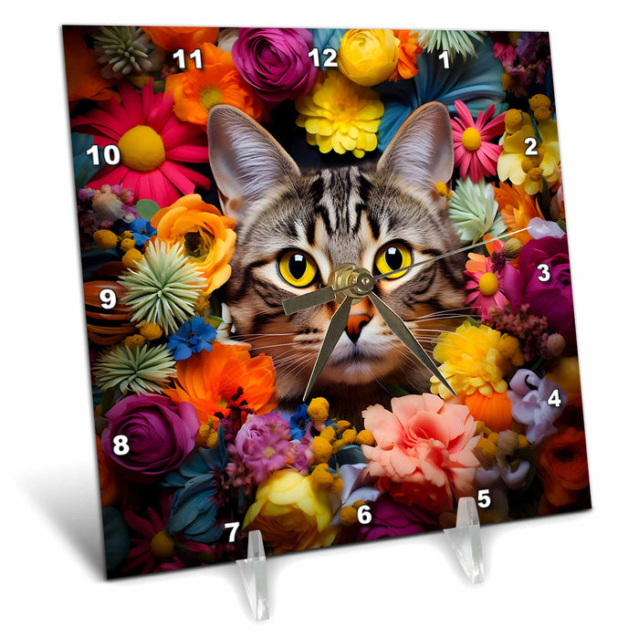 Desk Clock - American Shorthair cat with floral background CR Media - Illustrations