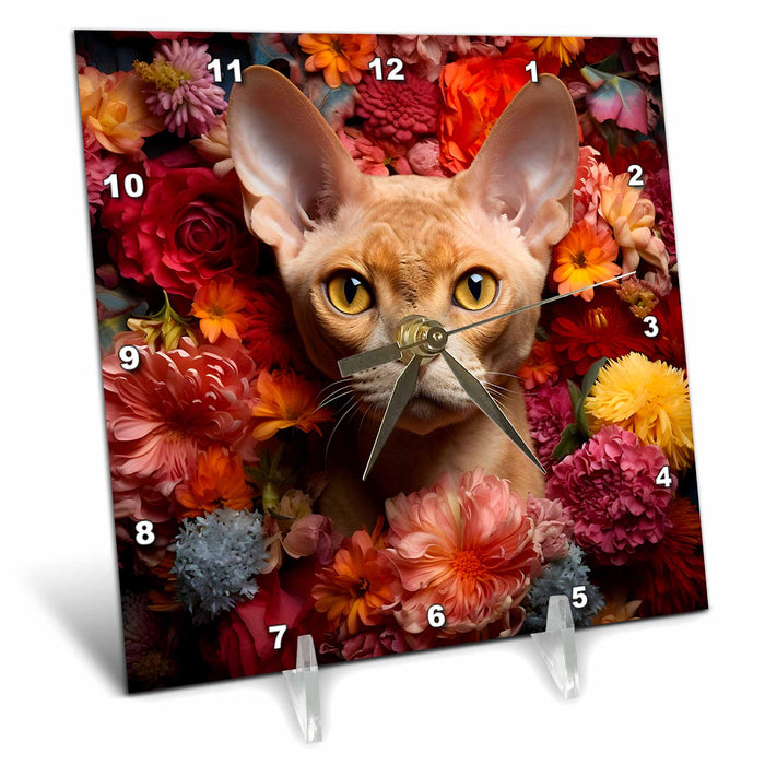 Desk Clock - Devon Rex cat with floral background CR Media - Illustrations