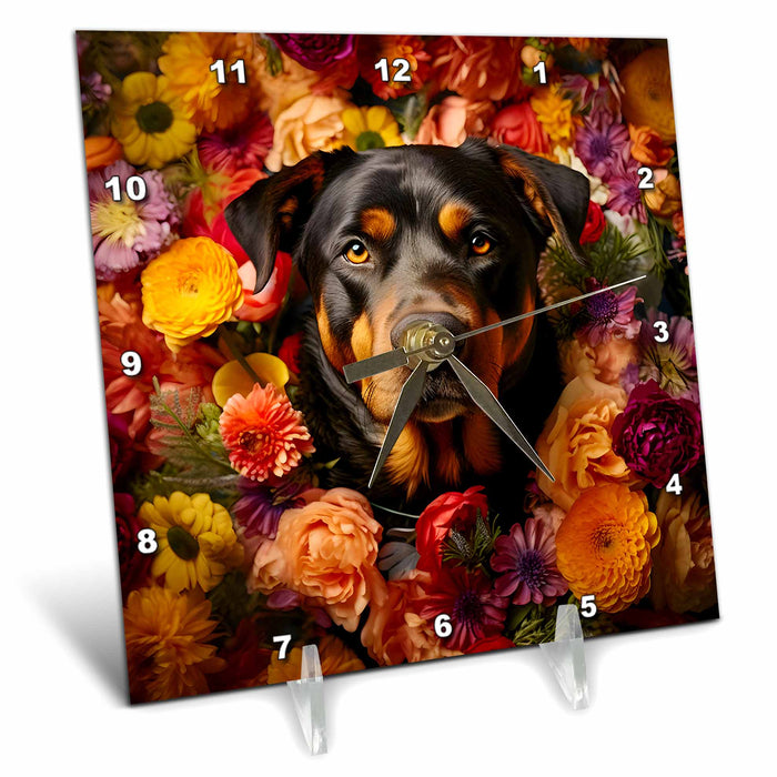 Desk Clock - Rottweiler dog with floral background CR Media - Illustrations