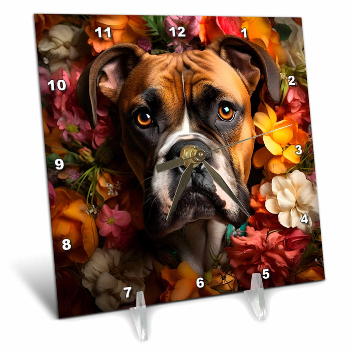 Desk Clock - German Boxer dog with floral background CR Media - Illustrations