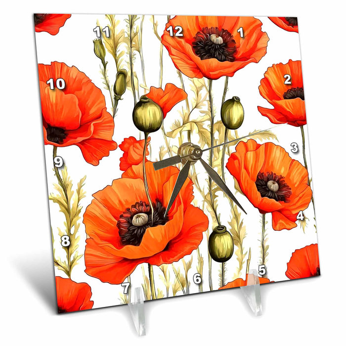 Desk Clock - Artistic Pretty Red Poppies Botanical Art Acrylic Painting - Red Poppies