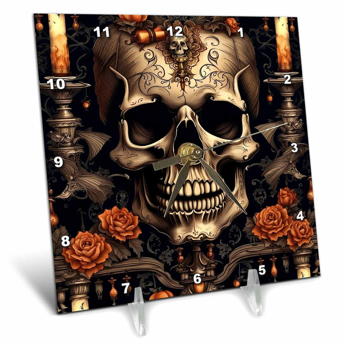 Desk Clock - Ancient Skull, Red Roses And Vintage Candlesticks Halloween Art Acrylic Painting - Skulls