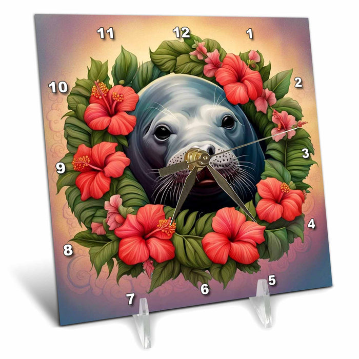 Desk Clock - Cartoon Tattoo Art Of Hawaiian Monk Seal With Hibiscus Acrylic Painting - Hawaiian Monk Seal