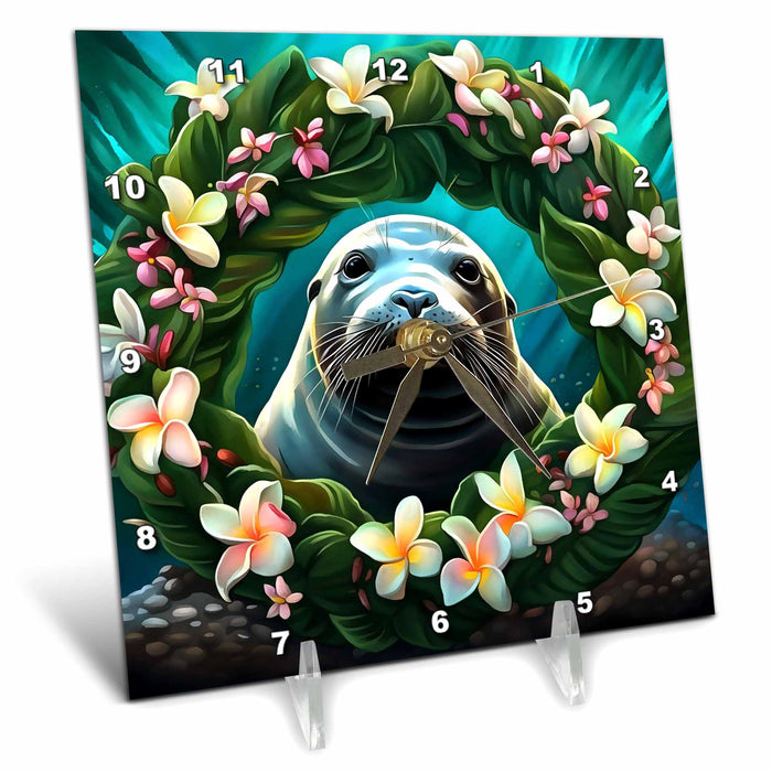 Desk Clock - Cartoon Art Of Hawaiian Monk Seal With Plumeria Acrylic Painting - Hawaiian Monk Seal