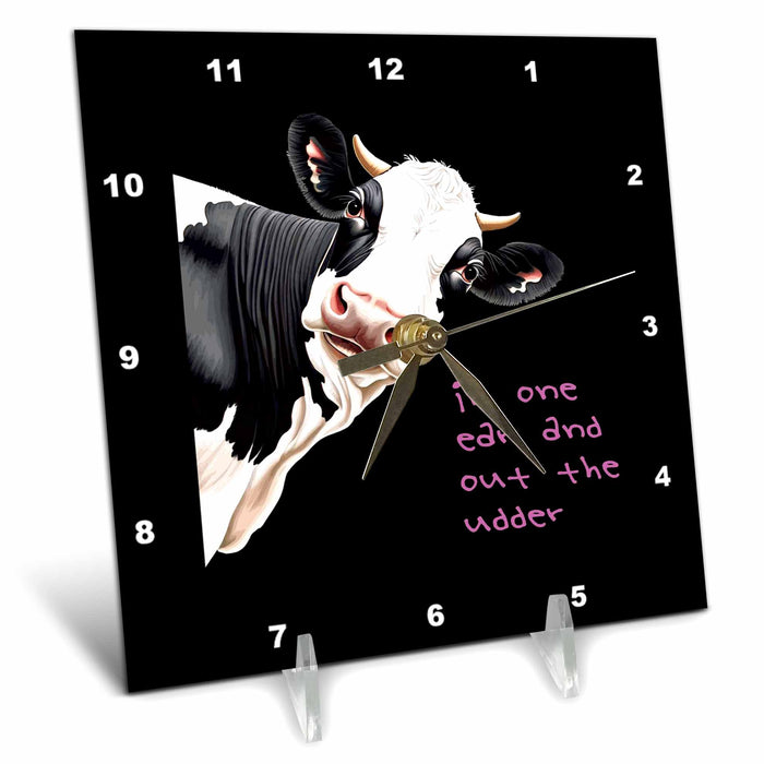 Desk Clock - In One Ear Out Of The Udder Pun Cartoon Style Cow Vector Art - Cow Humor