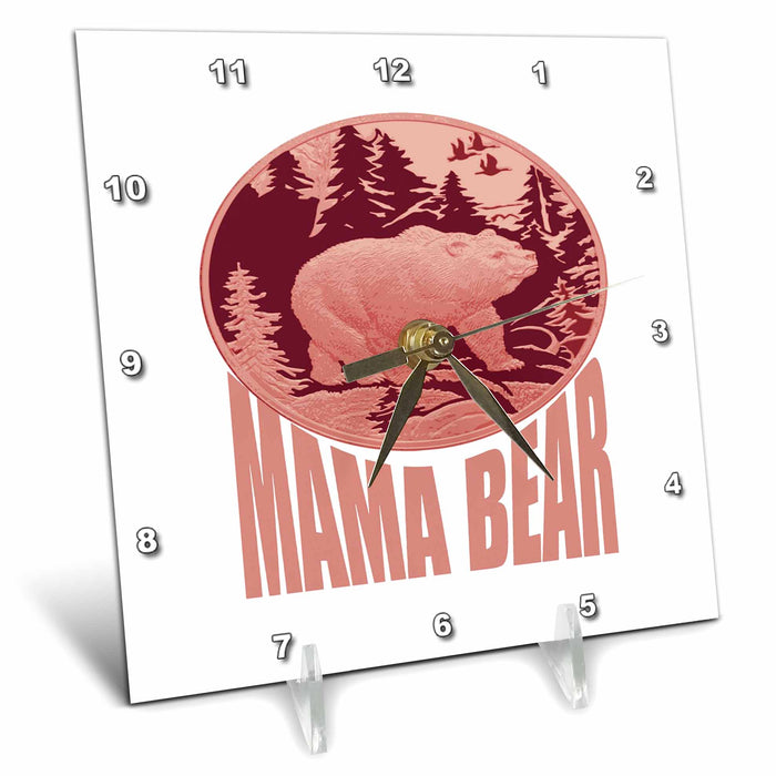 Desk Clock - Red and Pink Woodland Mama Bear Vector Art - Camping Humor